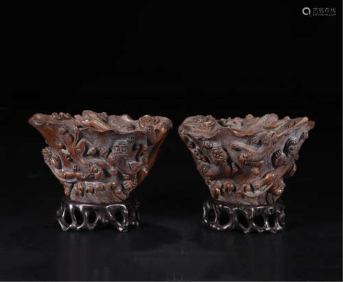 PAIR OF CHINESE BAMBOO CARVED BEAST JUE CUPS