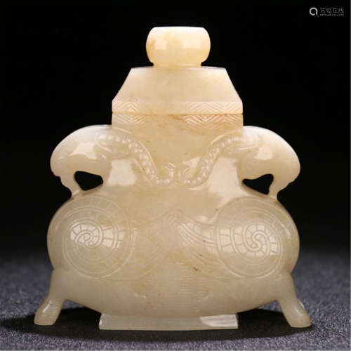 CHINESE JADE DOUBLE RAM LDDED VASE