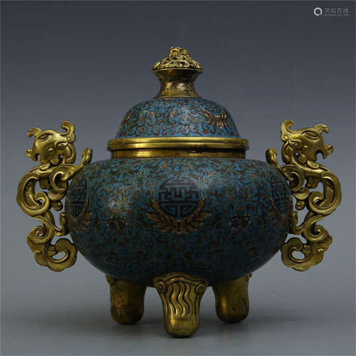 CHINESE CLOISONNE PHOENIX HANDLE LIDDED TRIPLE FEET CENSER