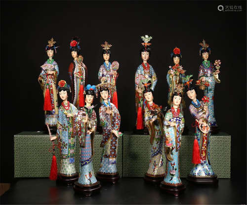 TWEELVE CHINESE CLOISONNE STANDING BEAUTY