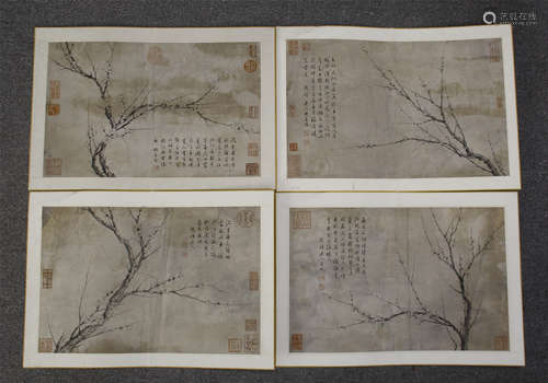 FOUR PAGES OF CHINESE ALBUM PAINTING OF PLUM BLOSSOMMINGS