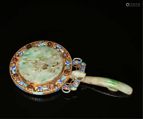 CHINESE ENAMEL GILT SILVER JADEITE HANDLED MIRROR