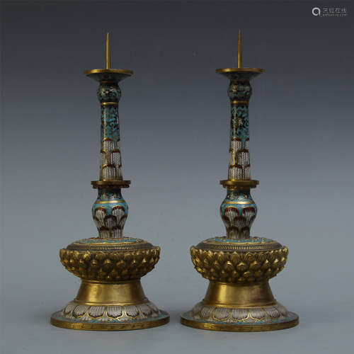 PAIR OF CHINESE GILT BRONZE ENAMEL LOTUS CANDLE HOLDERS