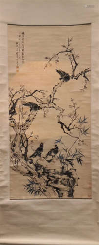 CHINESE SCROLL PAINTING OF BIRD ON TREE