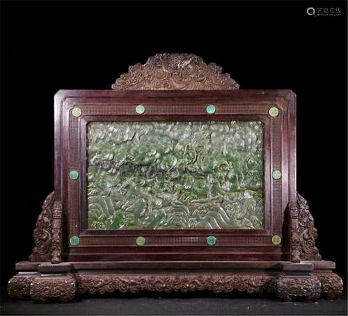 CHINESE SPINACH JADE PLAQUE HARDWOOD ZITAN TABLE SCREEN