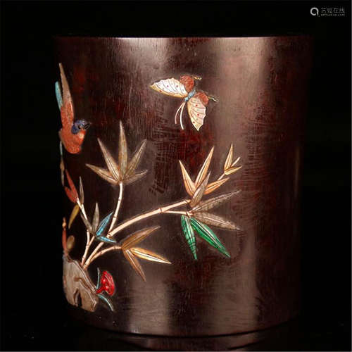 CHINESE GEM STONE INLAID HARDWOOD ZITAN BRUSH POT