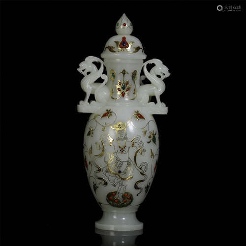 CHINESE GOLD INLAID WHITE JADE LIDDED VASE