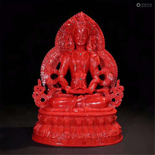 CHINESE CORAL SEATED BUDDHA