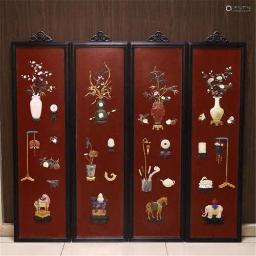 FOUR PANELS OF CHINESE GEM STONE INLAID RED LACQUER ROSEWOOD WALL PLAQUES