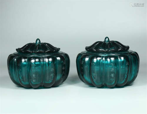 PAIR OF CHINESE PEKING GLASS LIDDED WATER JARS