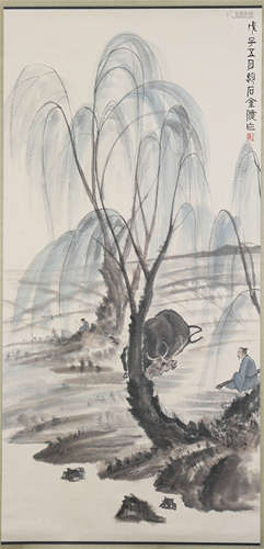 CHINESE SCROLL PAINTING OF MAN AND OX UNDER WILLOW