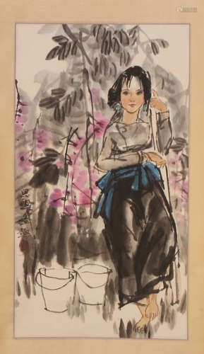 CHINESE SCROLL PAINTING OF GIRL AND FLOWER