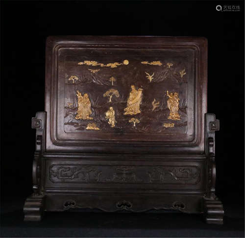 CHINESE BONE CARVINGS INLAID ROSEWOOD TABLE SCREEN