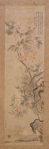 CHINESE SCROLL PAINTING OF FLOWER AND ROCK