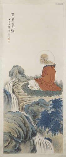 CHINESE SCROLL PAINTING OF SEATED LOHAN IN MOUNTAIN