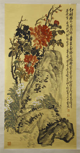 CHINESE SCROLL PAINTING OF FLOWER AND ROCK