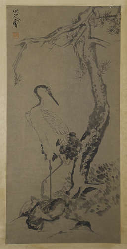 CHINESE SCROLL PAINTING OF CRANE UNDER TREE