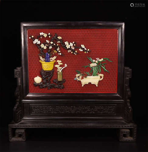 CHINESE GEM STONE INLAID CINNABAR PLAQUE ROSEWOOD TABLE SCREEN