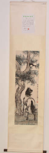 CHINESE SCROLL PAINTING OF HORSE UNDER TREE