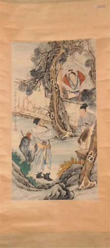 CHINESE SCROLL PAINTING OF THREE PERSON IN WOOD