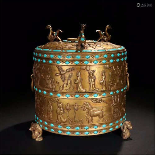 CHINESE TURQUOISE INLAID GILT BRONZE CLINDERIAL CENSER