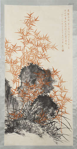 CHINESE SCROLL PAINTING OF BAMBOO AND ROCK