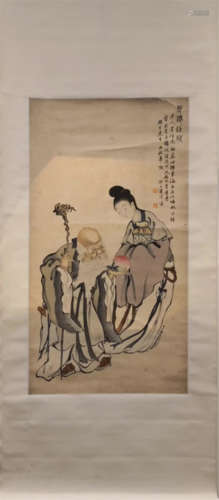 CHINESE SCROLL PAINTING OF OLD MAN WITH BEAUTY