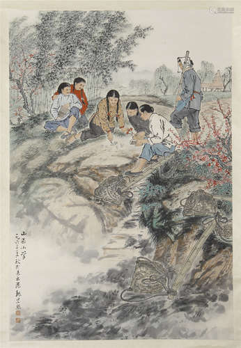 CHINESE SCROLL PAINTING OF GIRLS IN MOUNTAIN