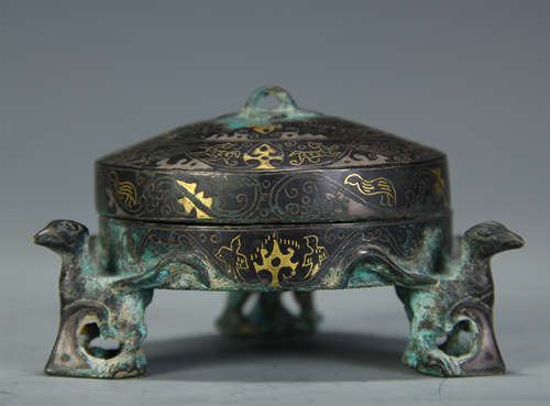 CHINESE GOLD INLAID BRONZE LIDDED TRIPLE FEET CENSER