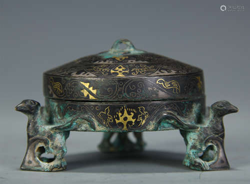 CHINESE GOLD INLAID BRONZE LIDDED TRIPLE FEET CENSER