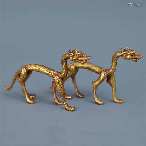 CHINESE GILT BRONZE DOUBLE DRAGONS