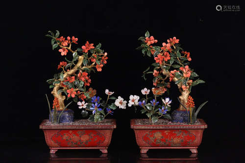 A PAIR OF BONSAI MADE OF RED LACQUER, LAPIS LAZULI GREEN JADE, AGATE, HETIAN JADE, FURONG STONE, ETC.