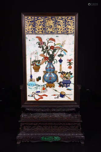 A JADEITE SCREEN WITH ZITAN WOOD HOLDER AND SEVERAL RARE EMBEDDED MATERIALS, INCLUDING TURQUOISE, AGATE, GREEN JADE, ETC.