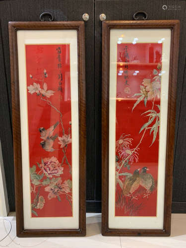 A PAIR OF RED VERTICAL PAINTINGS DEPICTING FLOWERS AND BIRDS