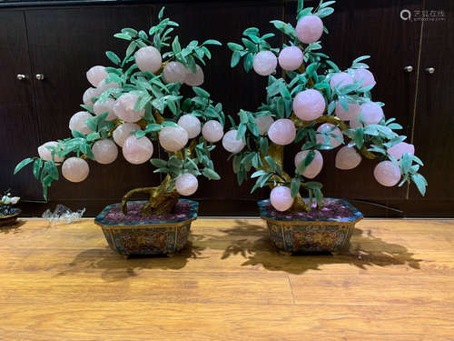 A PAIR OF BONSAI MADE OF CLOISONNE, CRYSTAL, GREEN HETIAN JADE, ETC.