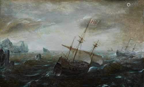 Aert AnthonissenDreimaster in stürmischer SeeÖl auf Holz. 40,5 x 68,8 cm.ProvenienzNorddeutsche