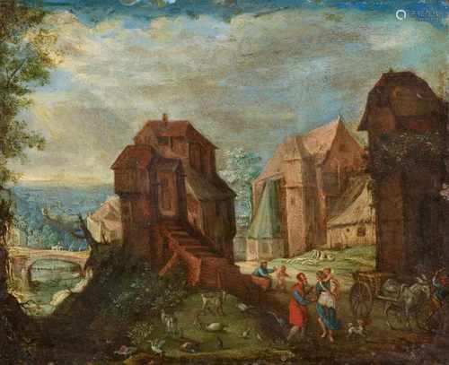 Anton Mirou, zugeschriebenDorflandschaft mit Abraham und HagarÖl auf Kupfer. 12,5 x 15,5 cm.