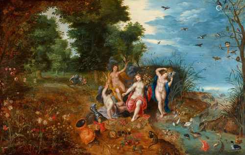 Jan Brueghel d. J., UmkreisLandschaft mit Allegorien der ElementeÖl auf Holz (parkettiert). 48 x