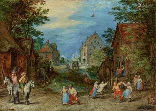 Jan Brueghel d. Ä.Dorfstraße mit tanzenden BauernÖl auf Kupfer. 11 x 16 cm.Signiert und datiert