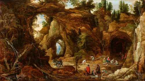 Joos de MomperJan Brueghel d. Ä.Felslandschaft mit zahlreichen Figuren bei einer HöhleÖl auf Holz.