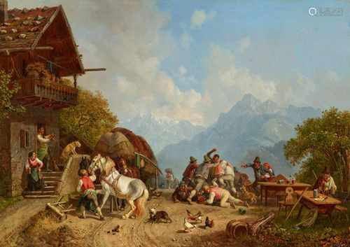 Heinrich BürkelRauferei vor einem WirtshausÖl auf Leinwand. 33 x 46,5 cm.Signiert unten links: H