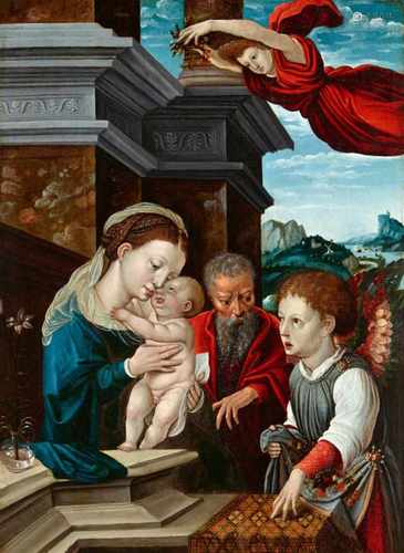 Bernard van Orley, NachfolgeHeilige Familie mit zwei EngelnÖl auf Holz. 51 x 38 cm.Provenienz484.