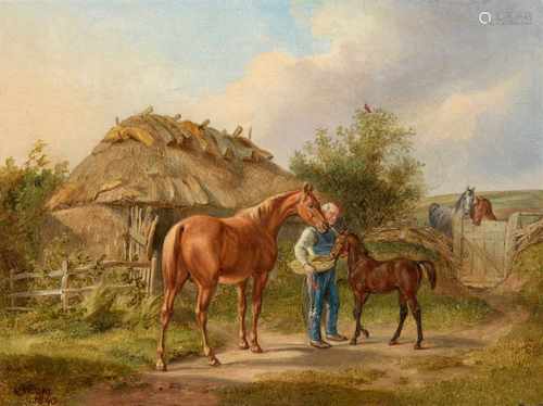 Albrecht AdamBaron Biel auf seinem Gut Zierow in HolsteinÖl auf Holz. 16,5 x 22 cm.Signiert und