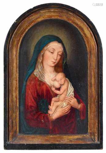 Flämischer Meister dse 16. JahrhundertsMadonna mit KindÖl auf Holz. 20,6 x 12,5 cm.