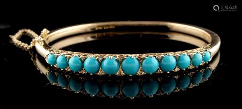 A Victorian 14ct yellow gold turquoise & diamond hinged bangle, of good grade, with safety chain,