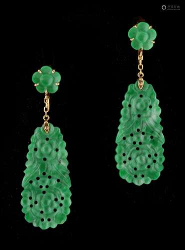 A pair of Chinese 18ct yellow gold & carved apple green untreated jadeite pendant earrings, with