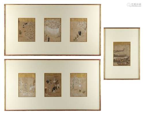 Property of a gentleman - a set of seven 19th century Japanese paintings on paper depicting