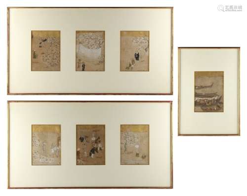 Property of a gentleman - a set of seven 19th century Japanese paintings on paper depicting