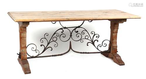 Property of a deceased estate - a Spanish pine & wrought iron refectory table, 72ins. (183cms.) long