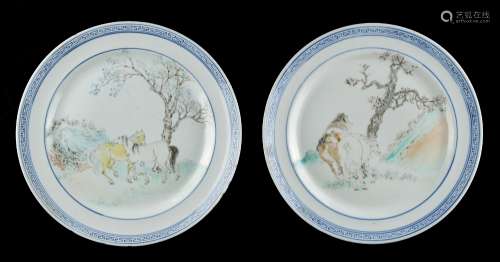Property of a gentleman - a pair of Chinese blue & white & polychrome decorated porcelain plates,